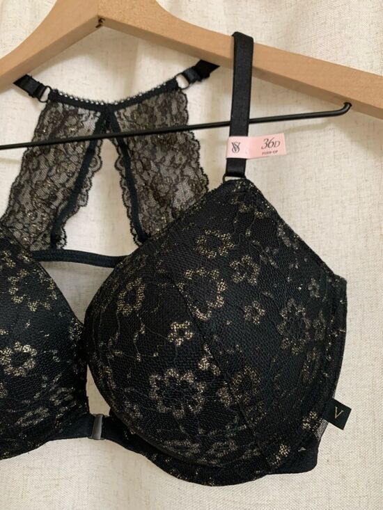 Victorias Secret Black Lace Push-Up Bra with Gold Accents Front Closure 36D - Picture 2 of 6
